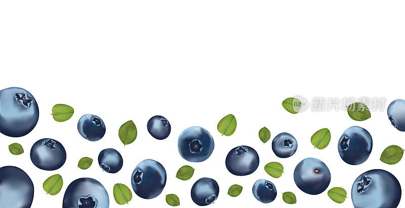 背景蓝莓。新鲜采摘的蓝莓带着绿叶。有机食品。纹理蓝莓。成熟的蓝莓富含维生素。3 d现实的例证。
